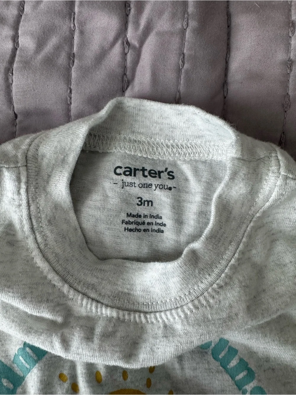Carter's Light Gray Baby Romper with Yellow Sun and Teal Text